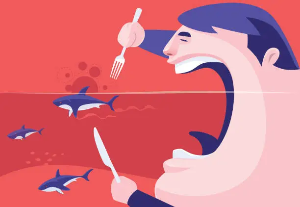 Vector illustration of man going to eat shark