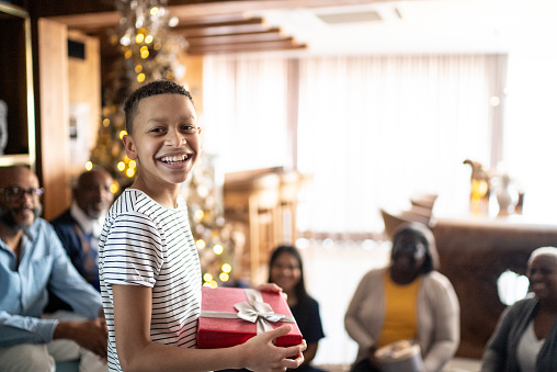 Portrait of a boy holding a Christmas present at home