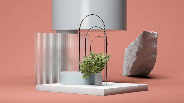 istock Metallic unusual arc and white square podium display on peach background with small plant, glass, stone and geometric figures. Minimal design. Copy space. Empty space. 3d rendering 1356946437