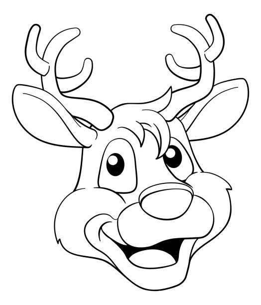 Christmas Cartoon Reindeer Character A cute Christmas Santas reindeer cartoon character. In black and white outline like a coloring book page. Coloring Book stock illustrations