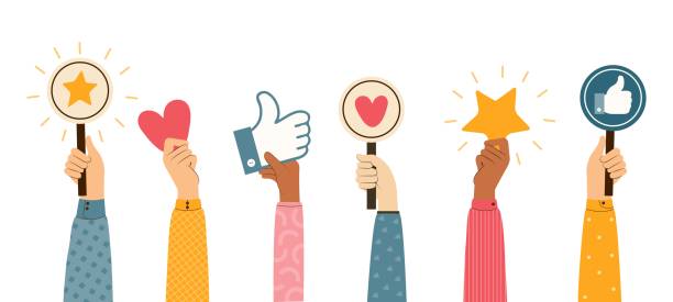 bildbanksillustrationer, clip art samt tecknat material och ikoner med people give review rating and feedback. hands different skin colors vote. likes, hearts, thumbs up button, positive and approve signs, rating icons. customer choice.  colored flat vector illustration - social medier