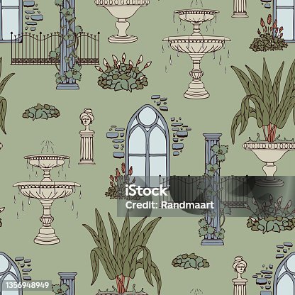 istock Repeat vector pattern with Victorian greenhouse on green background. Romantic royal garden wallpaper design. Decorative culture fashion textile. 1356948949