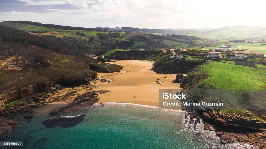 Cantabria beach drone view of Galizano beach in north of Spain Cantabria Stock Photo