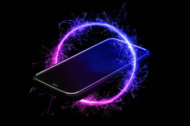 Smartphone with neon glow. Metaverse, virtual reality, blockchain, web3.