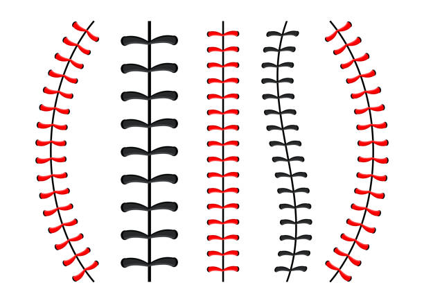 야구 공 스티치, 배경에 고립 된 빨간 레이스 솔기 - muscular build in a row blue baseball stock illustrations