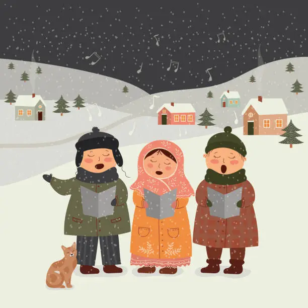 Vector illustration of Children sing a Christmas song, Christmas children's choir, on the background of the winter village.