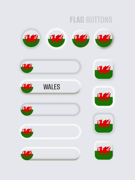 흰색 배경에 설정 된 네오모픽 3d 모의 버튼. 웹 사이트, 모바일 메뉴, 앱에 대한 웨일즈 플래그. 간단한 신형태 트렌디 한 개념 디자인 요소, ui ux 구성 요소. 벡터 일러스트레이션 - 월리스푸투나 제도 stock illustrations