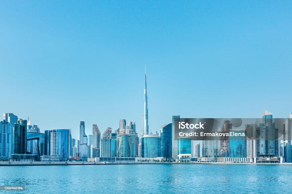 Business Bay skyline, Dubai, UAE Daytime view of the Business Bay skyline, Dubai, UAE Burj Khalifa Stock Photo