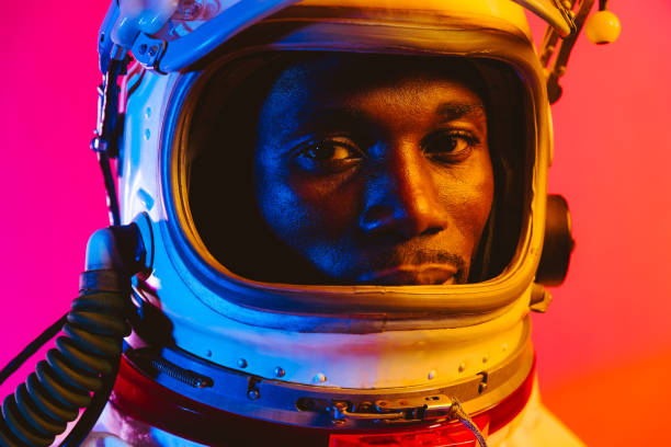 Cinematic image of an astronaut. Colorful portrait of a man with spacesuit