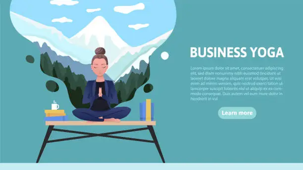 Vector illustration of Business woman meditates and imagines herself in the mountains and in silence, instead of the office rush. Relax in lotus yoga pose