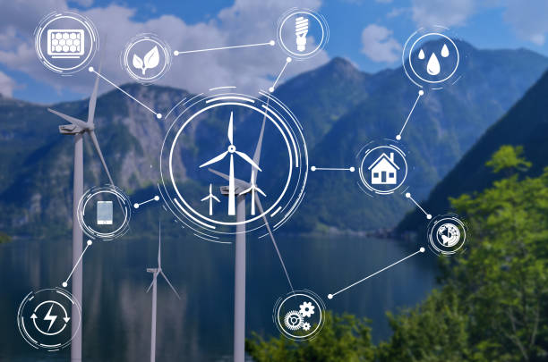 istock Alternative energy source. Wind turbines near mountains and scheme 1356968936