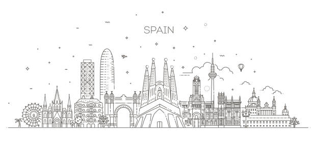 ilustraciones, imágenes clip art, dibujos animados e iconos de stock de paisaje urbano de españa, banner vectorial de ciudad de viaje español. silueta urbana - barcelona