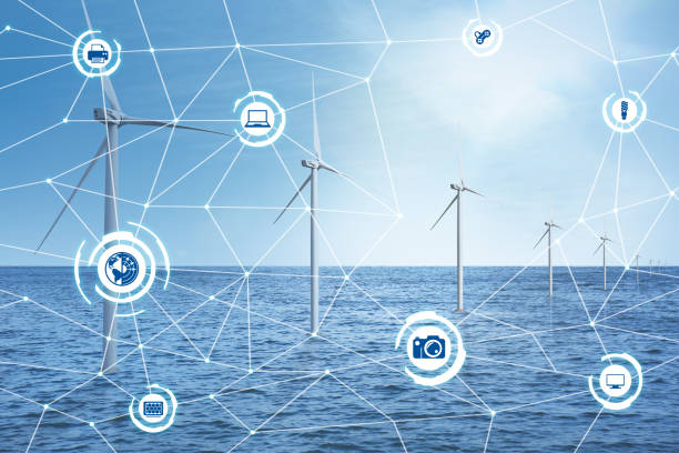 Alternative energy source. Floating wind turbines in sea and scheme Alternative energy source. Floating wind turbines in sea and scheme floating electric generator stock pictures, royalty-free photos & images