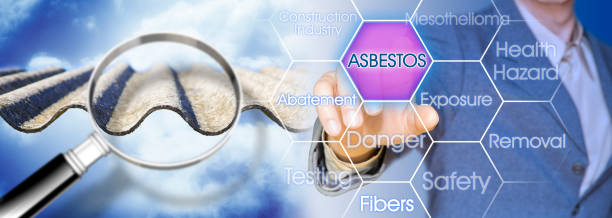 Analysis of the compounds of a dangerous asbestos roof - concept image with magnifying glass stock photo