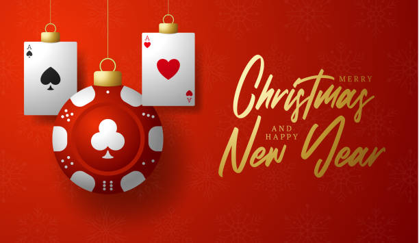 Casino Poker Christmas card. Merry Christmas sport greeting card. Hang on a thread casino poker chip as a xmas ball and golden bauble on red background Casino Poker Christmas card. Merry Christmas sport greeting card. Hang on a thread casino poker chip as a xmas ball and golden bauble on red background christmas casino stock illustrations
