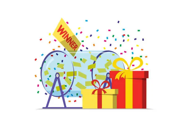 Vector illustration of Prize raffle rotating drum with lottery tickets and lucky winner gift boxes on white background. Online random draw promotional design concept. Gambling vector illustration