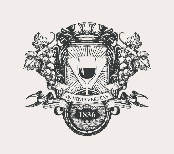 vintage hand-drawn coat of arms for wine Ornate vector banner in form of coat of arms with a glass of wine, bunches of grapes, a crown, wooden barrel, ribbons and the words In vino veritas. Hand-drawn black-white illustration in retro style wine and oenology graphic stock illustrations