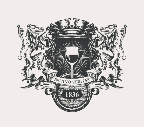 bildbanksillustrationer, clip art samt tecknat material och ikoner med vintage hand-drawn coat of arms for wine - champagne vin