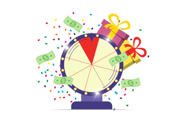 ilustrações de stock, clip art, desenhos animados e ícones de fortune wheel poster. spinning lucky roulette with win money cash, prize gifts and confetti on white background. gambling game banner. life good luck and success symbol. winner take chance concept - wheel incentive spinning luck