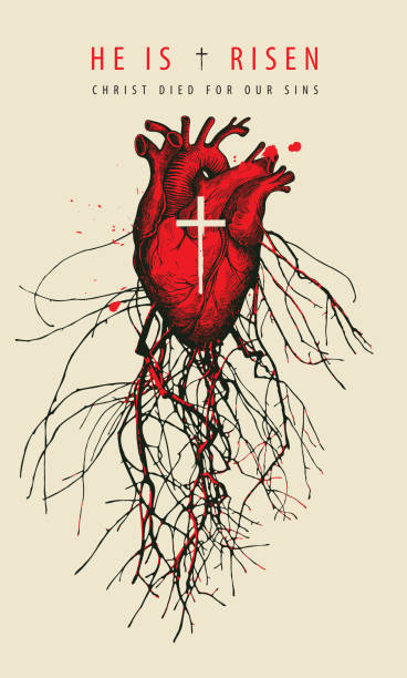 ilustrações, clipart, desenhos animados e ícones de bandeira de páscoa criativa com um coração humano sangrento - redemption center