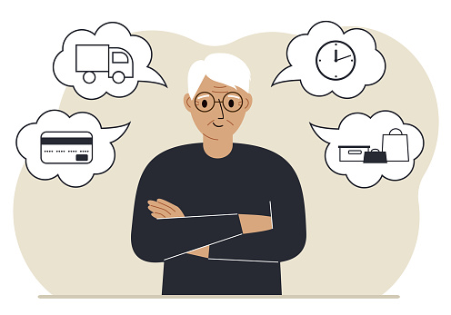 Ordering and delivery process concepts. Happy grandfather and steps of a delivery order. Payment, delivery car, waiting hours and goods and purchases. Vector flat illustration