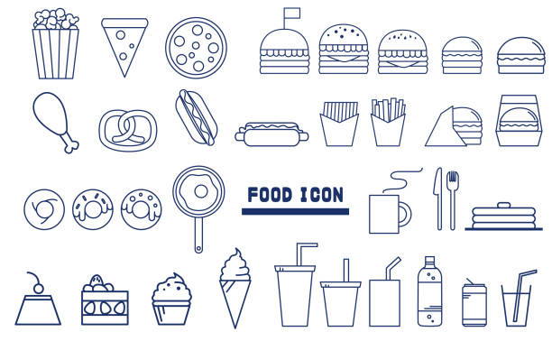 ilustraciones, imágenes clip art, dibujos animados e iconos de stock de un conjunto de iconos de línea de comida y comida chatarra - white background container silverware dishware