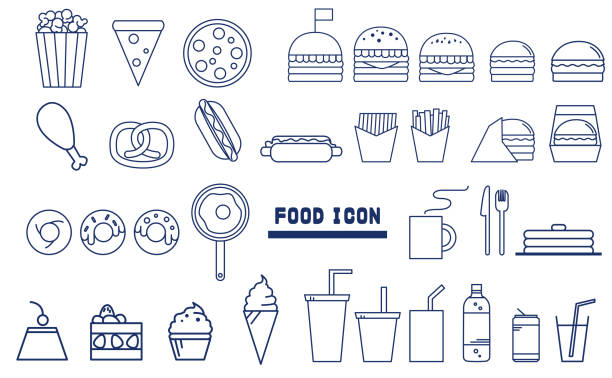 ilustrações, clipart, desenhos animados e ícones de um conjunto de ícones da linha de alimentos e junk food - box cake food lunch