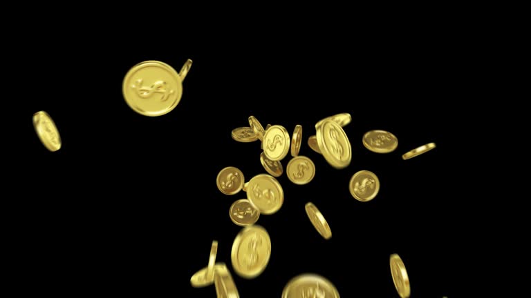 Fountain of gold coins with dollar sign on transparent background.