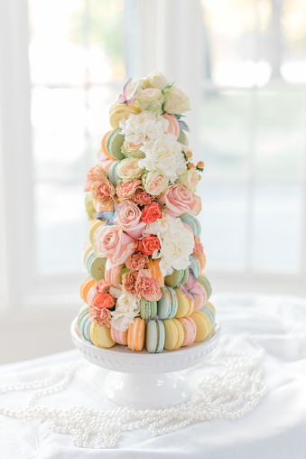 This French Macaron tower was part of a Bridgerton themed tea party bridal shower. Macaroon towers are becoming very popular at showers, parties and celebrations of all kinds.