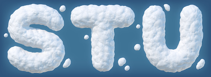 Snowy alphabet with letters S, T, U. Letters made of snow. Winter font isolated on blue background. Realistic 3d rendering