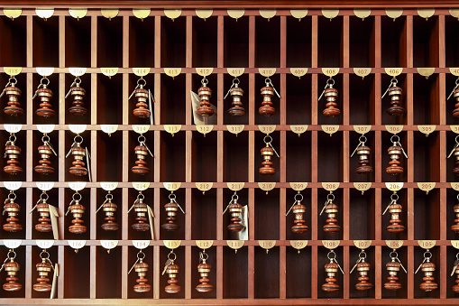 Wall with a hotel keys in a hotel reception.