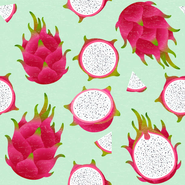 Pitaya seamless pattern. Red ripe dragon fruit. Whole and cut fruit on shabby background. Original simple illustration for packaging, wallpaper, fabric, textile, wrapping paper. dragon fruit flower stock illustrations