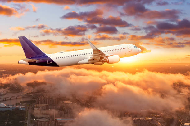 istock Dawn is high in the sky, the plane flies exactly in the frame. 1356987593