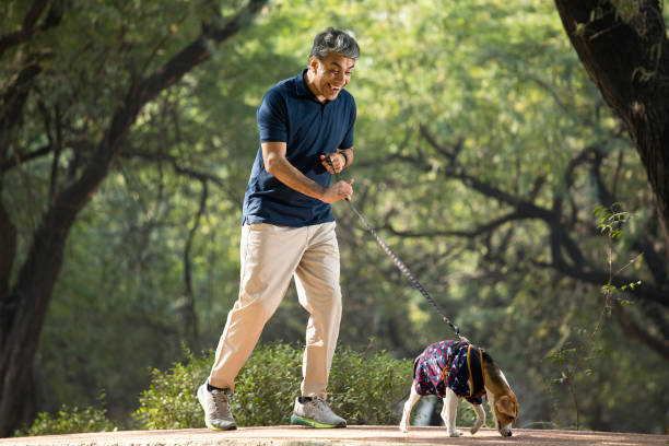 Man walking with pet dog at park Happy man walking with pet dog on leash at public park indian man walking in park stock pictures, royalty-free photos & images
