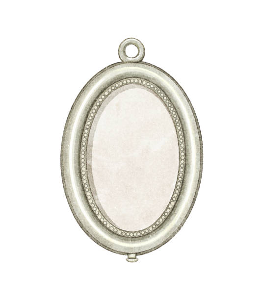 Watercolor vintage silver oval brooch Watercolor vintage antique silver oval frame pendant with empty space isolated on white background. Hand drawn illustration sketch locket stock illustrations