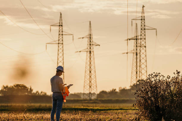 istock Male engineer using a digital tablet and working in front of a high voltage pole 1356996947