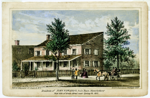 Published by DT Valentine 1864,  Green & Springs Streets, Soho, NYC. Color lithograph, private home, horse & carriage. Hi res scan brought in as 16 bit.  Horizontal, nobody.