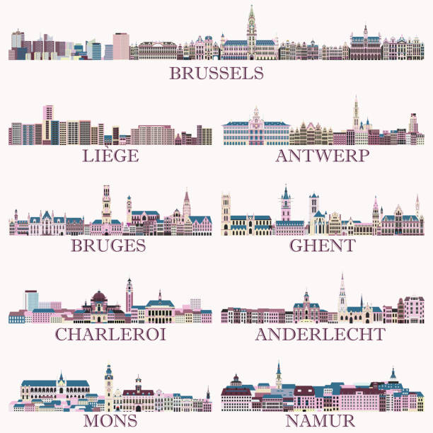 illustrazioni stock, clip art, cartoni animati e icone di tendenza di paesaggi urbani delle principali città del belgio in ricca tavolozza colorata pastello brillante. stile estetico magico - ghent