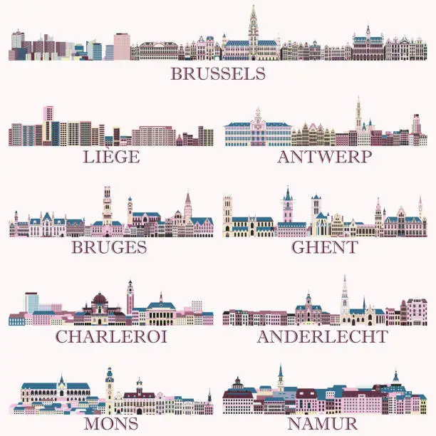 Vector illustration of Belgium main cities cityscapes in rich pastel bright colorful palette. Magic aesthetics style