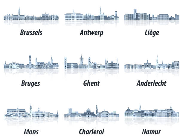 ilustrações de stock, clip art, desenhos animados e ícones de belgium main cities cityscapes in tints of blue color palette. сrystal aesthetics style - antuerpia