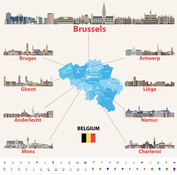 ilustrações de stock, clip art, desenhos animados e ícones de belgium map with main cities skylines vector illustrations - brussels
