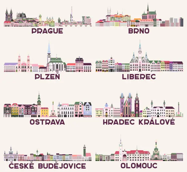 Vector illustration of Czech Republic main cities cityscapes in rich pastel bright colorful palette. Magic aesthetics style