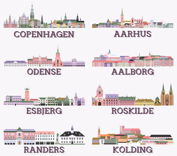 Denmark main cities cityscapes in rich pastel bright colorful palette. Magic aesthetics style Denmark main cities cityscapes in rich pastel bright colorful palette. Magic aesthetics style aalborg stock illustrations