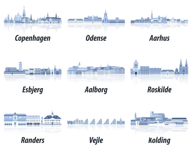 Denmark main cities cityscapes in tints of blue color palette. Сrystal aesthetics style Denmark main cities cityscapes in tints of blue color palette. Сrystal aesthetics style aalborg stock illustrations