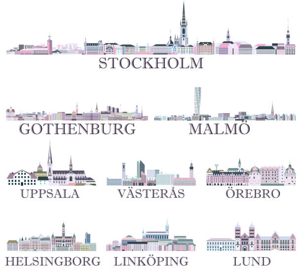 szwedzkie miasta panoramy ikon w bogatej pastelowych jasnych kolorowych paletach. magiczny styl estetyki - stockholm silhouette sweden city stock illustrations