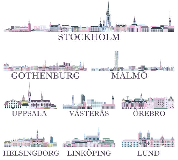 Swedish cities skylines icons in rich pastel bright colorful palette. Magic aesthetics style vector art illustration