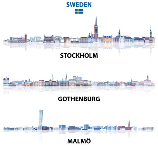 Sweden main cities skylines in tints of blue color palette. Сrystal aesthetics style vector art illustration