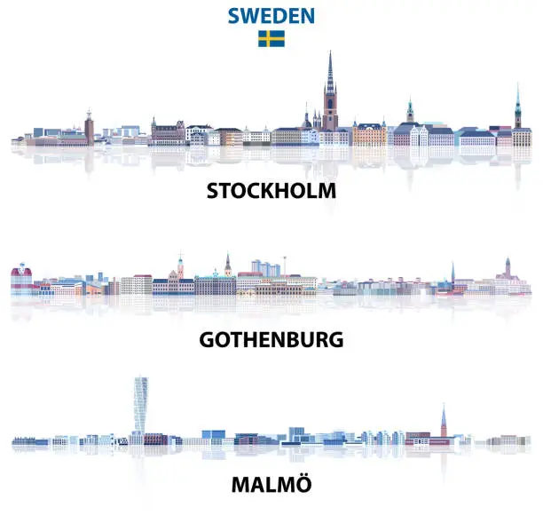 Vector illustration of Sweden main cities skylines in tints of blue color palette. Сrystal aesthetics style