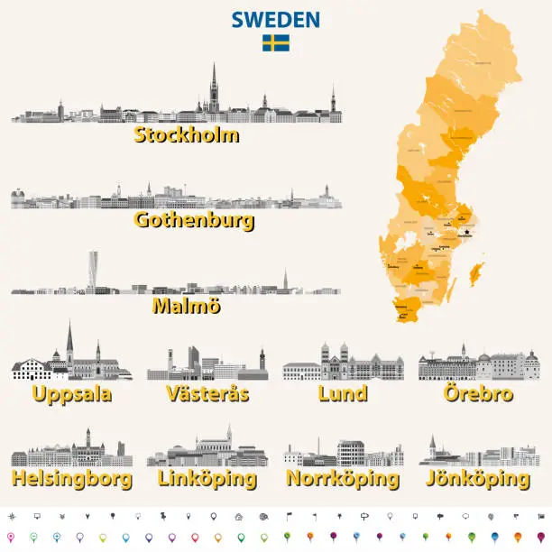 Vector illustration of Swedish skylines in grayscale color palette. Flag and map of Sweden