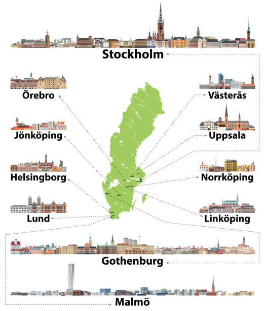 mapa szwecji z głównymi miastami i szczegółowymi ilustracjami panoramy - silhouette city town stockholm stock illustrations